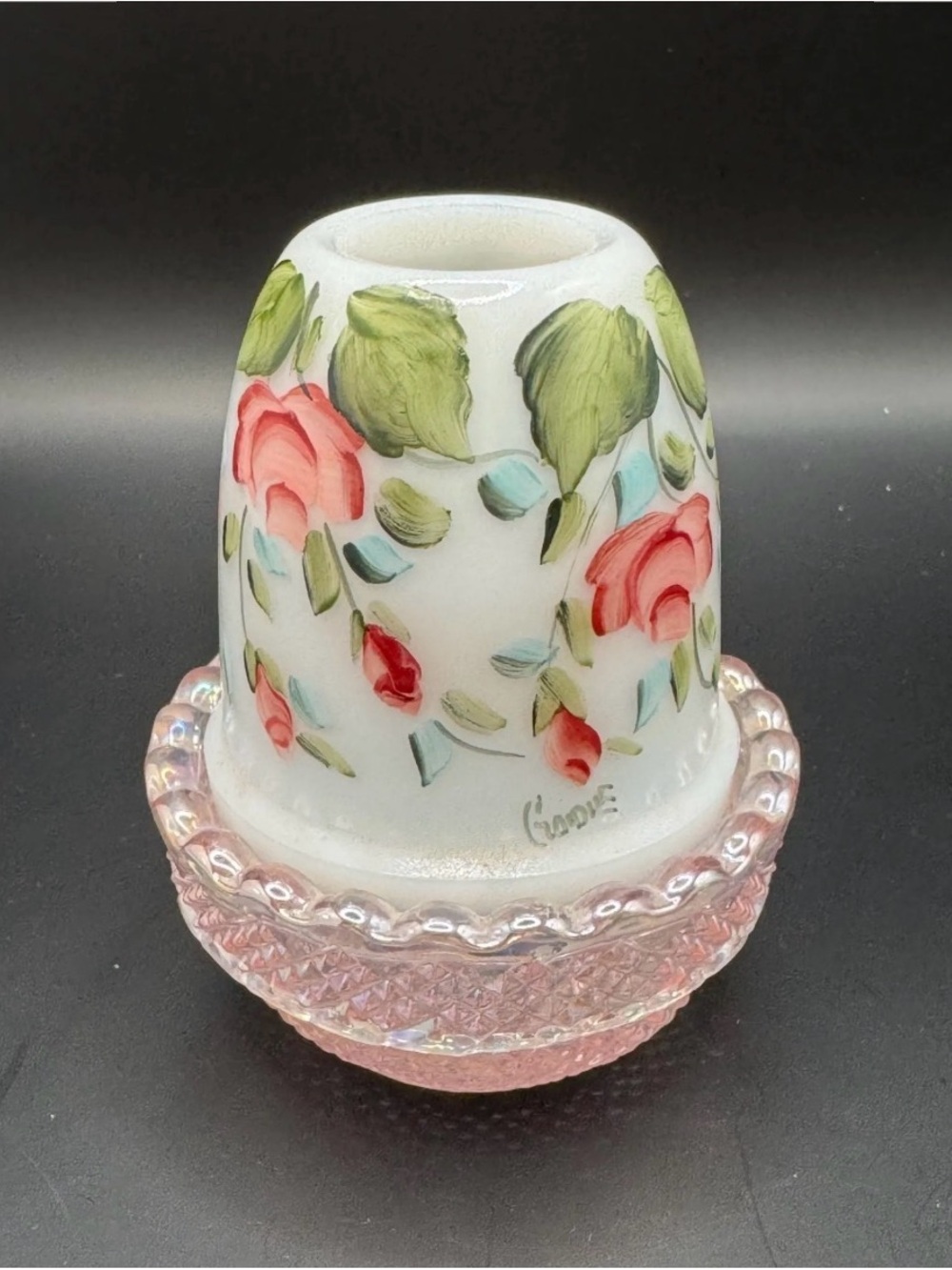 Mosser Glass Fairy Lamp Signed Hand Painted Floral Pink Carnival Pink Base 4”